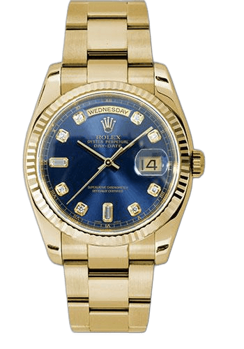 Rolex Day-Date 36 Yellow Gold — Blue Diamond Dial Fluted Bezel | Ref. 118238