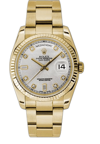Rolex Day-Date 36 Yellow Gold — Fluted Bezel, Silver Diamond Dial | Ref. 118238
