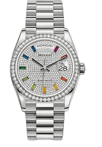 Rolex Day-Date 36 White Gold — Diamond Bezel Rainbow Sapphire Paved Dial | Ref. 128349RBR