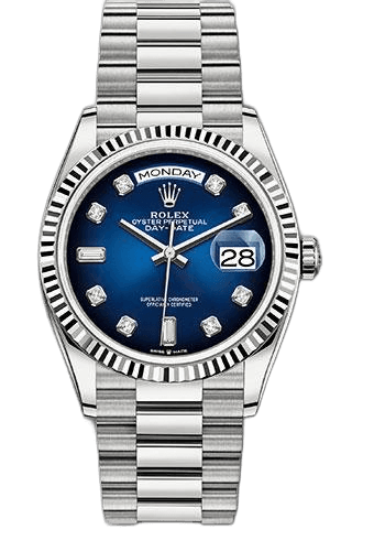 Rolex Day-Date 36 White Gold — Blue Ombre Diamond Dial, Fluted Bezel | Ref. 128239