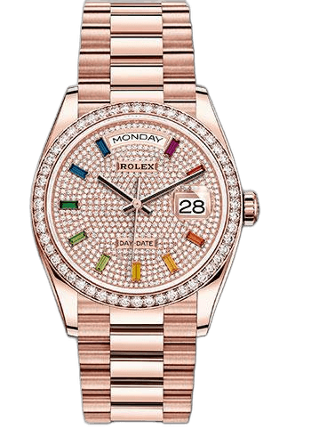 Rolex Day-Date 36 Everose Gold — Diamond-Paved Rainbow Sapphire Dial | Ref. 128345RBR