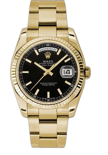 Rolex Day-Date 36 Yellow Gold — Black Index Dial, Fluted Bezel | Ref. 118238