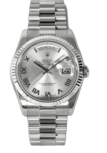 Rolex Day-Date 36 White Gold — Rhodium Roman Dial with Fluted Bezel | Ref. 118239