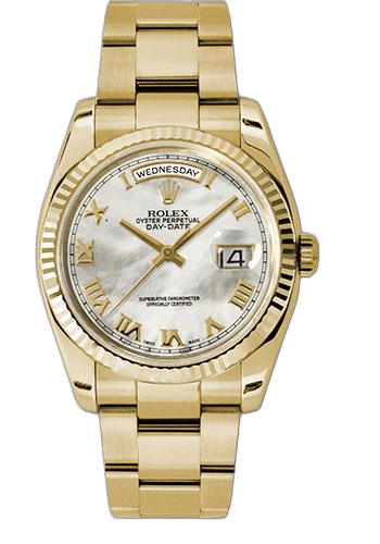 Rolex Day-Date 36 Yellow Gold — Mother-of-Pearl Roman Dial Fluted Bezel | Ref. 118238