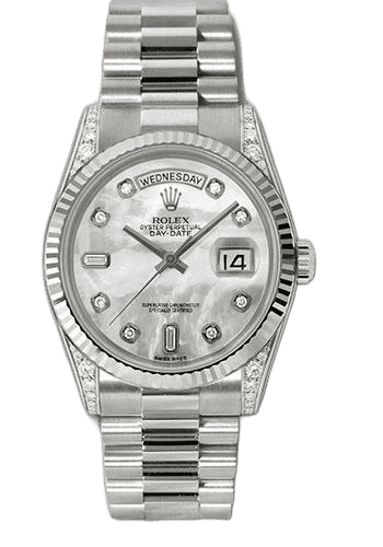 Rolex Day-Date 36 White Gold — Mother-of-Pearl Diamond Dial, Fluted Bezel | Ref. 118339