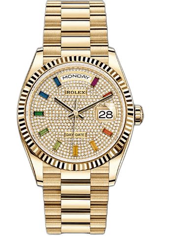 Rolex Day-Date 36 Yellow Gold — Fluted Bezel Diamond-Paved Rainbow Sapphire Dial | Ref. 128238