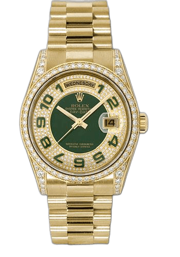 Rolex Day-Date 36 Yellow Gold — Pavé Edge Green Dial | Ref. 118388