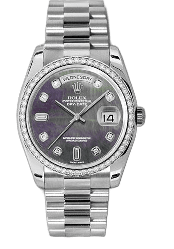 Rolex Day-Date 36 Platinum — Dark Mother-of-Pearl Diamond Dial, Diamond Bezel | Ref. 118346