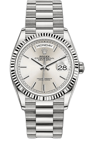 Rolex Day-Date 36 White Gold — Silver Index Dial with Fluted Bezel | Ref. 128239