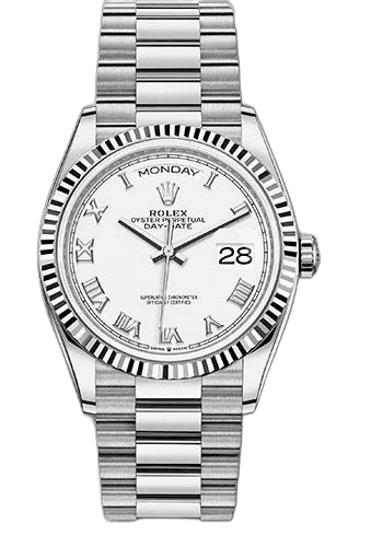 Rolex Day-Date 36 White Gold — White Roman Dial, Fluted Bezel | Ref. 128239