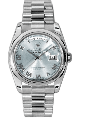 Rolex Day-Date 36 Platinum — Glacier Blue Roman Dial | Ref. 118206