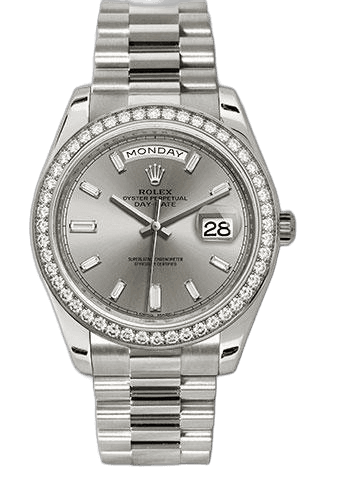 Rolex Day-Date 40 White Gold — Silver Baguette Diamond Dial, Diamond Bezel | Ref. 228349RBR