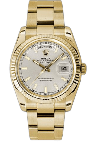 Rolex Day-Date 36 Yellow Gold — Fluted Bezel Silver Index | Ref. 118238