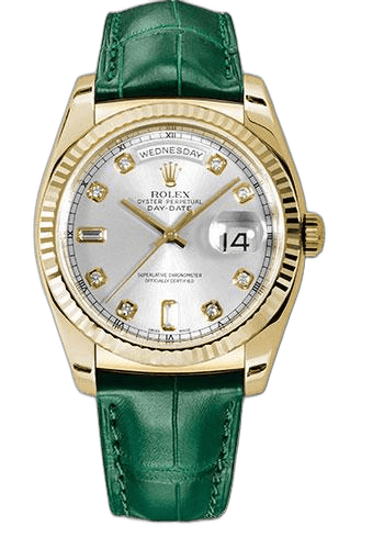 Rolex Day-Date Yellow Gold — Fluted Bezel Silver Diamond Dial | Ref. 118138