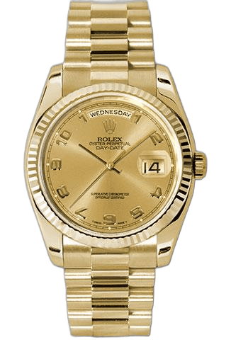 Rolex Day-Date 36 Yellow Gold — Fluted Bezel Champagne Arabic Dial | Ref. 118238
