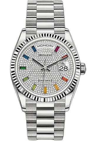 Rolex Day-Date 36 White Gold — Diamond Paved Rainbow Sapphire Dial | Ref. 128239