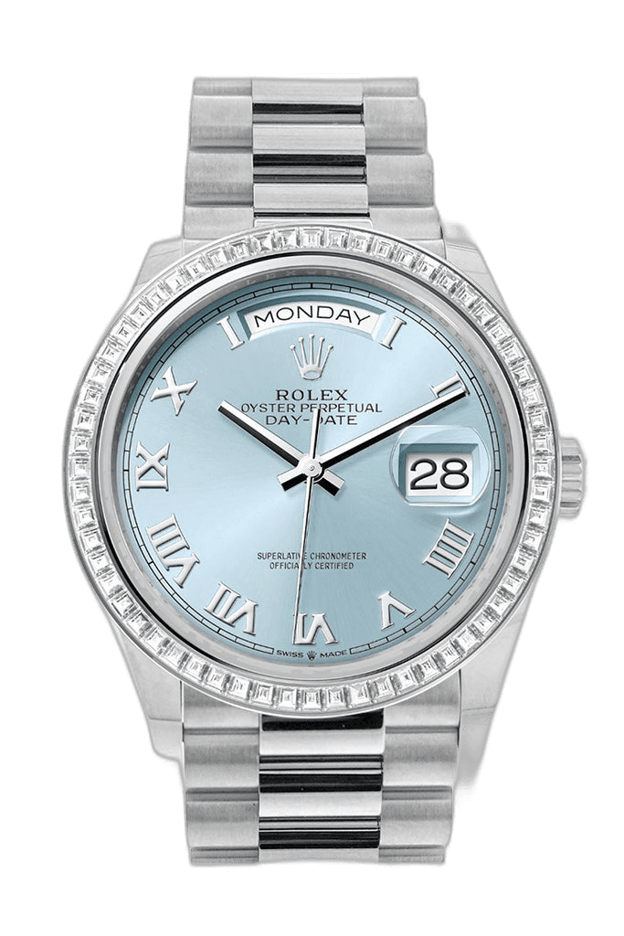 Rolex Day-Date 36 Platinum — Blue Roman Diamond Bezel | Ref. 128396TBR