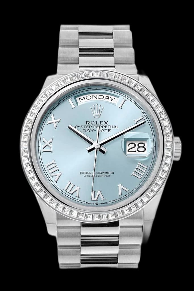 Rolex Day-Date 36 Platinum — Blue Roman Diamond Bezel | Ref. 128396TBR