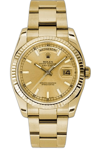 Rolex Day-Date 36 Yellow Gold — Champagne Index Dial, Fluted Bezel | Ref. 118238