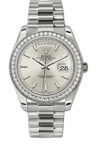 Rolex Day-Date 40 White Gold — Silver Stripe Motif Dial with Diamond Bezel | Ref. 228349RBR