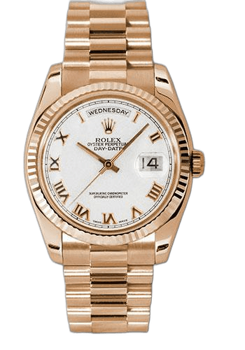 Rolex Day-Date Gold — White Roman Dial, Fluted Bezel | Ref. 118235