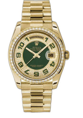 Rolex Day-Date 36 Yellow Gold — Pavé Edge Green Dial | Ref. 118348