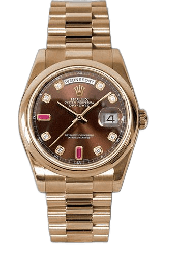 Rolex Day-Date 36 Gold — Chocolate Diamond & Ruby Dial | Ref. 118205