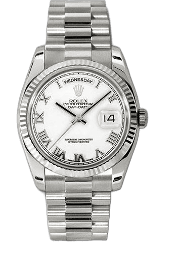 Rolex Day-Date 36 White Gold — Fluted Bezel White Roman Dial | Ref. 118239