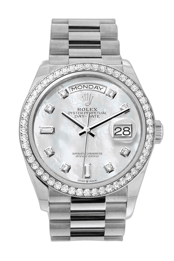 Rolex Day-Date 36 White Gold — Pearl Diamond Dial, Diamond Bezel | Ref. 128349RBR