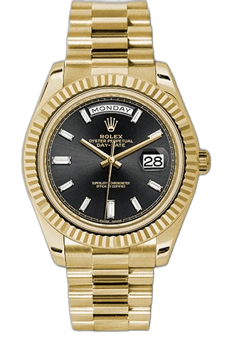 Rolex Day-Date 40 Yellow Gold — Black Dial with Baguette Diamond Markers, Fluted Bezel | Ref. 228238