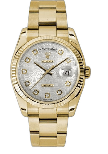 Rolex Day-Date 36 Yellow Gold — Fluted Bezel Silver Jubilee Diamond Dial | Ref. 118238