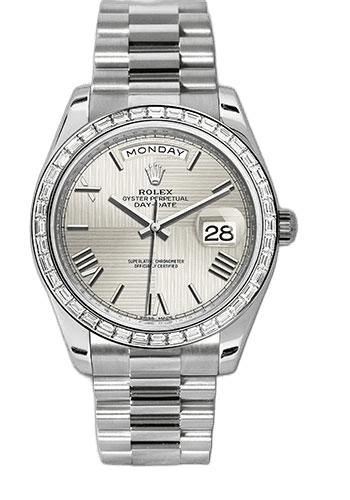 Rolex Day-Date 40 Platinum — Silver Quadrant Motif Bevel Roman Dial | Ref. 228396TBR