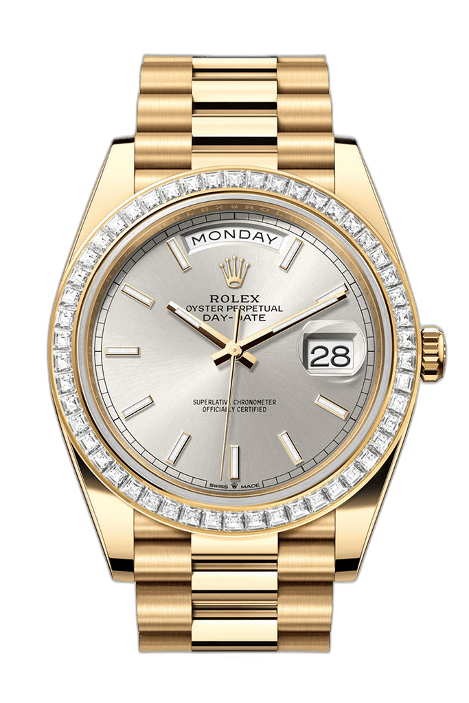 Rolex Day-Date 40 Yellow Gold — Silver Dial, Baguette Diamond Bezel | Ref. 228398TBR