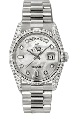 Rolex Day-Date 36 White Gold — Mother-of-Pearl Diamond Dial, Diamond Bezel | Ref. 118389