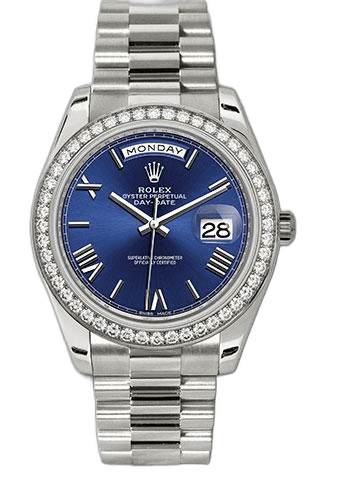 Day-Date White Gold Day-Date 40 Watch - Bezel - Blue Bevelled Roman Dial - President Bracelet - 228349RBR blrp 40mm by Rolex — 228349RBR