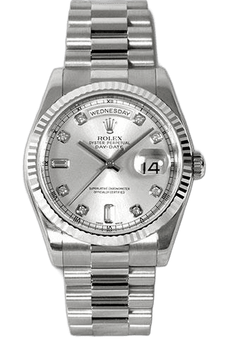 Rolex Day-Date 36 White Gold — Silver Diamond Dial with Fluted Bezel | Ref. 118239