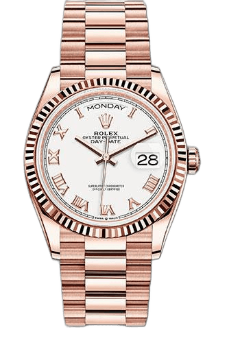 Rolex Day-Date 36 Gold — White Roman Dial, Fluted Bezel | Ref. 128235