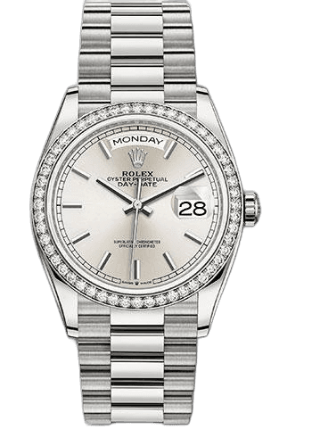 Rolex Day-Date 36 White Gold — Diamond Bezel Silver Index Dial | Ref. 128349RBR