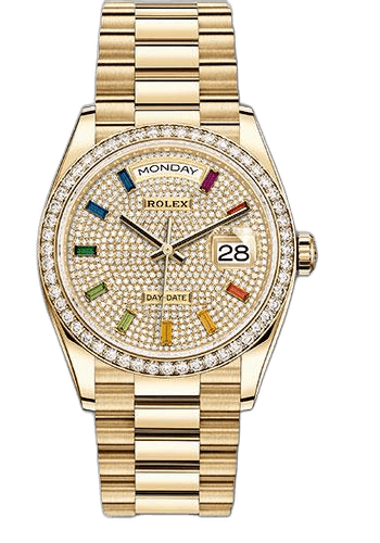 Rolex Day-Date 36 Yellow Gold — Diamond Bezel Rainbow Sapphire Pavé Dial | Ref. 128348RBR