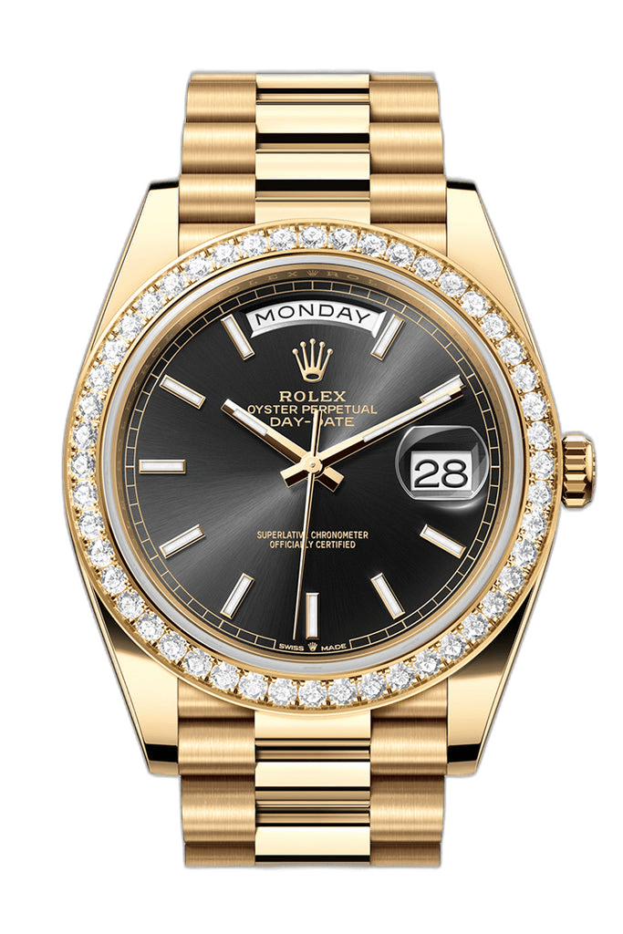 Rolex Day-Date 40 Yellow Gold — Diamond Bezel Bright Black Dial | Ref. 228348