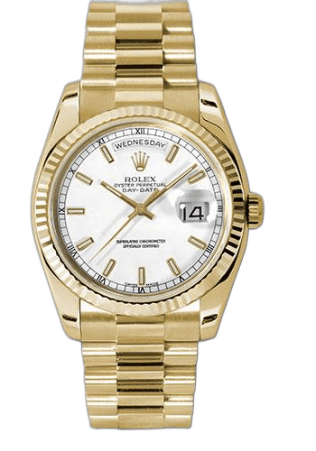Rolex Day-Date Yellow Gold — White Dial with Index Hour Markers & Fluted Bezel | Ref. 118238