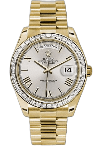 Rolex Day-Date 40 Yellow Gold — Silver Bevelled Roman Dial Diamond Bezel | Ref. 228398TBR