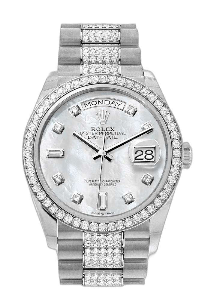 Rolex Day-Date 36 White Gold — Pearl Diamond Dial | Ref. 128349RBR