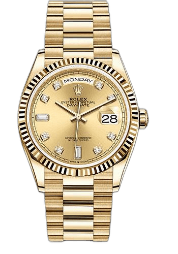 Rolex Day-Date 36 Yellow Gold — Champagne Diamond Dial with Fluted Bezel | Ref. 128238