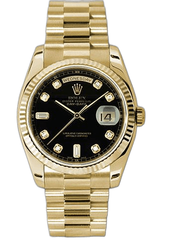 Rolex Day-Date 36 Yellow Gold — Black Diamond Dial, Fluted Bezel | Ref. 118238