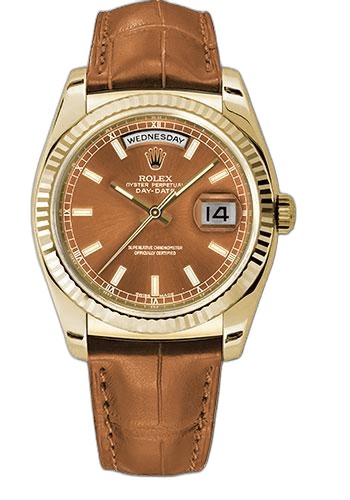 Rolex Day-Date 36 Yellow Gold — Fluted Bezel Cognac Index Dial | Ref. 118138
