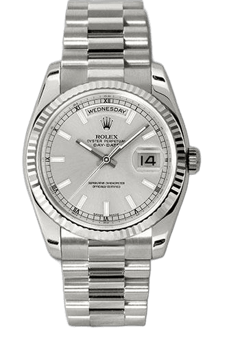 Rolex Day-Date 36 White Gold — Fluted Bezel Silver Index Dial | Ref. 118239