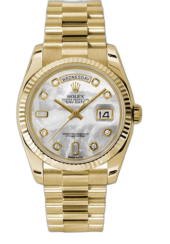 Rolex Day-Date 36 Yellow Gold — Fluted Bezel Mother-of-Pearl Diamond Dial | Ref. 118238