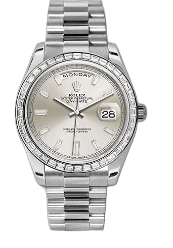 Rolex Day-Date 40 Platinum — Silver Baguette Diamond Dial | Ref. 228396TBR