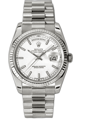 Day-Date White Gold Day-Date 36 Watch - Fluted Bezel - White Index Dial - President Bracelet - 118239 wsp 36mm Fluted Bezel White Index Dial by Rolex — 118239